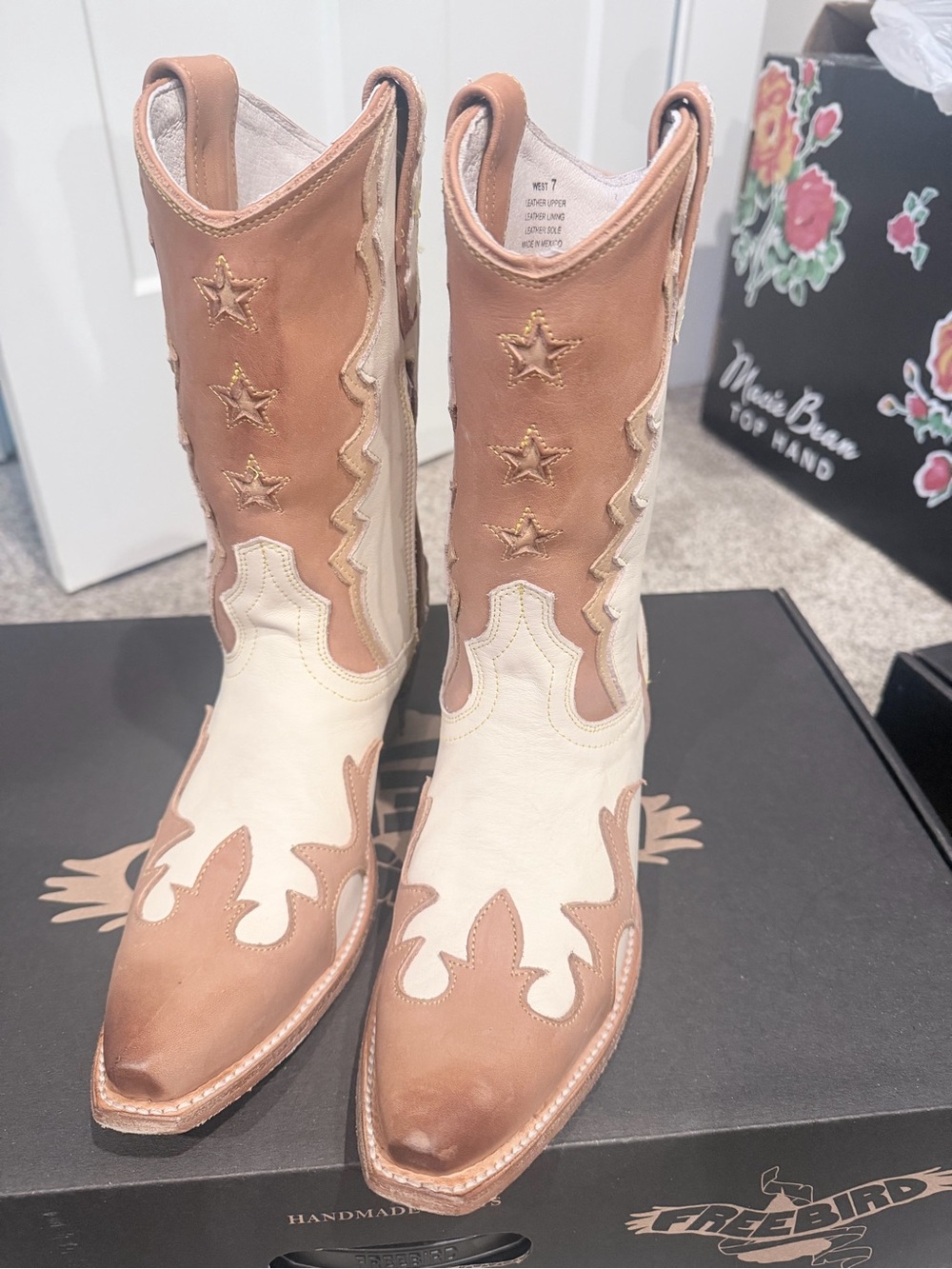 freebird Cream and Tan Western Lace-Up Zip Heeled Boots - Picture 8 of 10